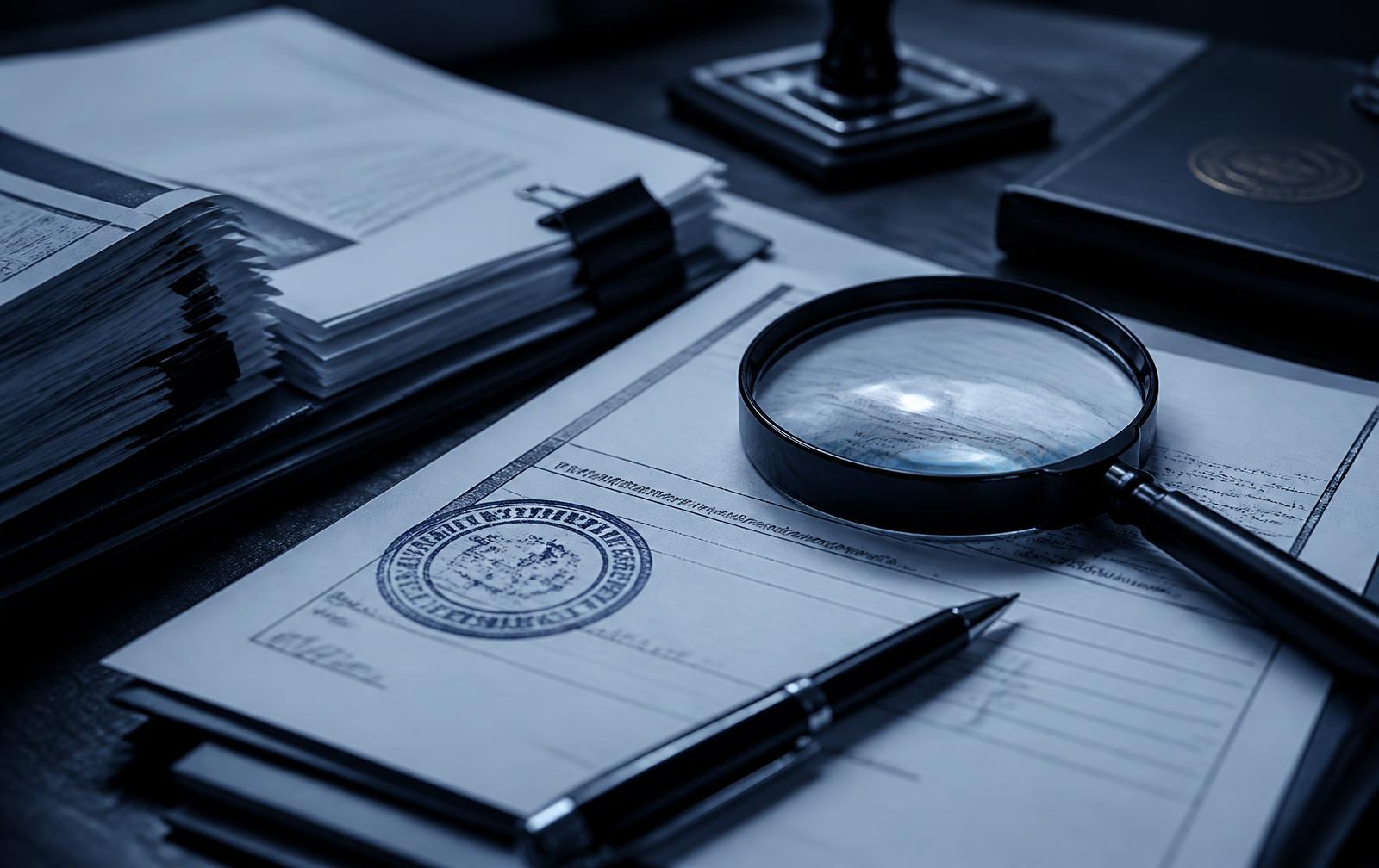 Dokumenty due diligence z pieczęciami i lupą